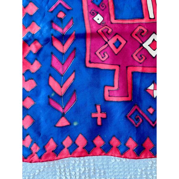 Vintage Silk Scarf Hand Painted Abstract Horse Blue Red 16" Geometric - Picture 7 of 8